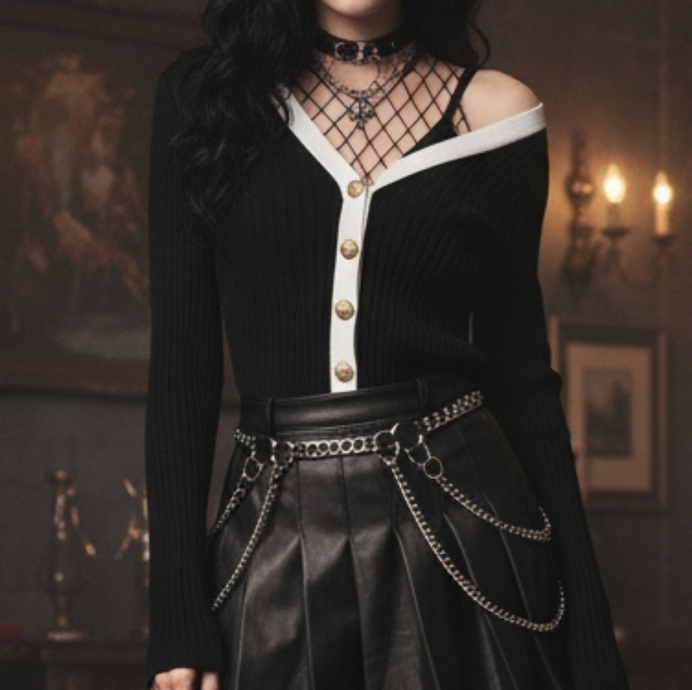 Belldini M Vintage 90s Wednesday Adams Goth Preppy Contrast Trim Ribbed Cardigan